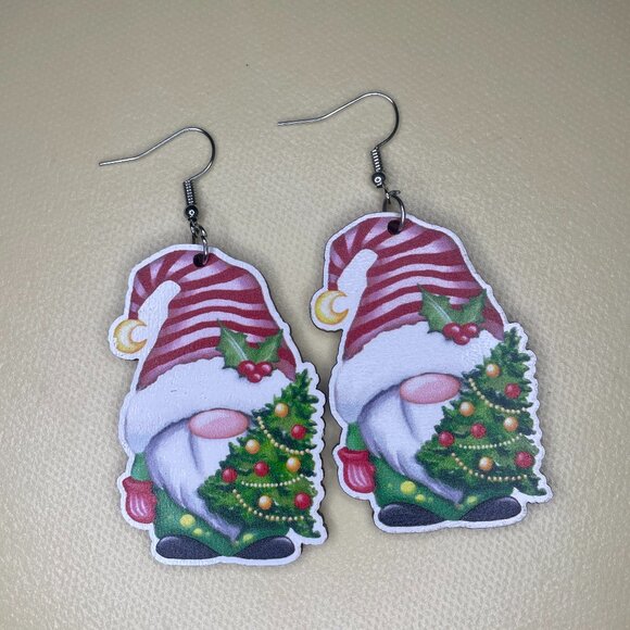 Christmas Tree Gnome Dangle Earrings (Holiday Stripes) - Picture 3 of 3
